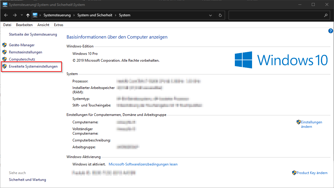 Erweiterte Systemeinstellungen öffnen
