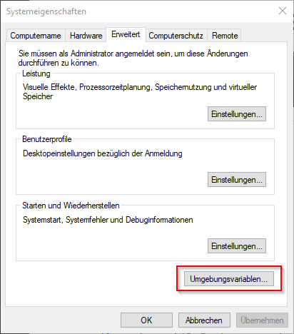 Öffne die Umgebungs-Variablen in Windows